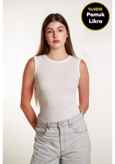 Kadın Kırıkbeyaz Fitilli Likralı Sıfır Kol Bisiklet Yaka Örme Atlet Tshirt Bluz KIRIK BEYAZ