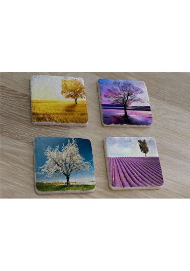Tek Ağaçlı Manzaralar Doğal Taş Bardak Altlığı 4'lü Set - Natural Stone Coasters-174257 Mor
