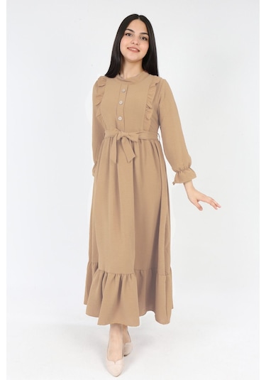 Kiz Cocuk Elbise Aerobin Keten Kumaş Tesettüre Uygun Uzun Boydan Cocuk Elbise Açık Bej