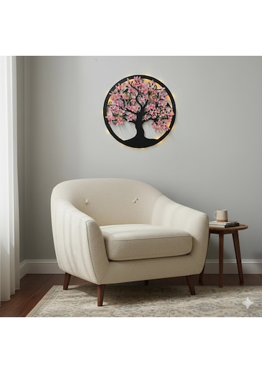 Led Işıklı Ve Pembe Sakura Hayat Ağacı Tablo 40cm