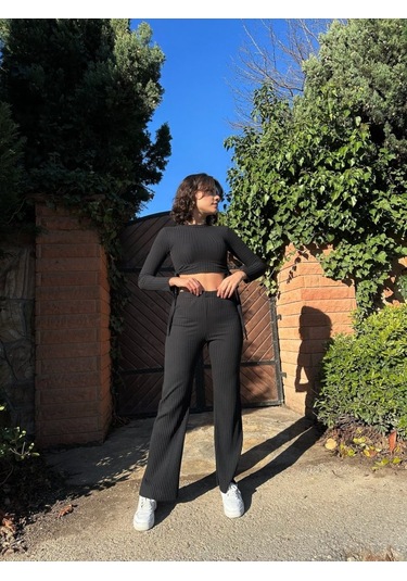 Sensuelle Kadın Yandan Bağlamalı Geniş Paçalı Fitil Kaşkorse İkili Takım Siyah