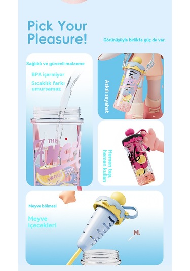 Büyük Kapasiteli Karikatür Taşınabilir Plastik Su Bardağı Siyah