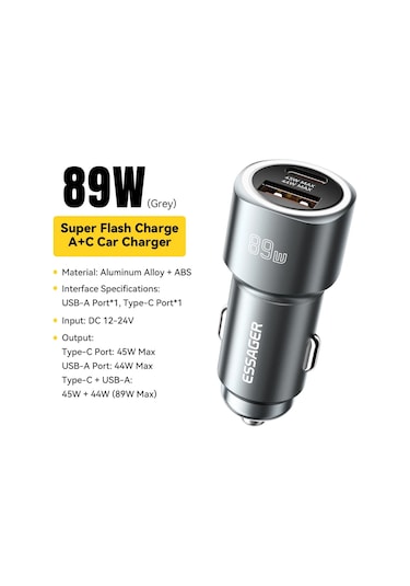 Essageressager 89w Usb C Araç Şarj Cihazı iPhone Uyumlu, Uyumlu, 15 Pro Huawei P60 Pro Vivo Dizüstü Bilgisayar Tablet Pd3.0 Fcp Hızlı Şarj Brdistribütör Garantili