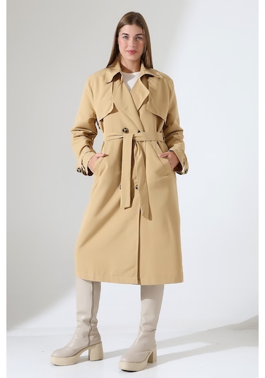 Amazon Keten Kumaş Diz Altı Yumuşak Dokulu Düğmeli Astarlı Trenç Kot Camel CAMEL