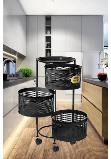 3 Katlı Yana Açılır Siyah Tekerlekli Patates Soğan Sepeti Sebze M