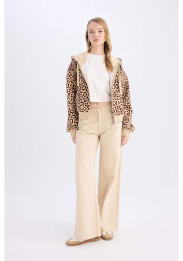 Defacto Coool Loose Fit Leopar Desenli Kapüşonlu Fermuarlı Sweatshirt E0780AX24WNBG389 Bej