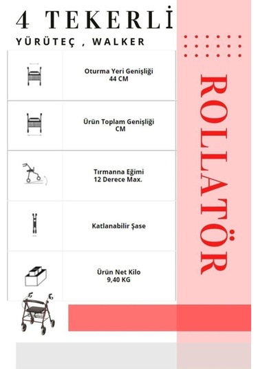 Rolatör 4 Tekerli Yürüteç Rollatör Lüx Oturaklı