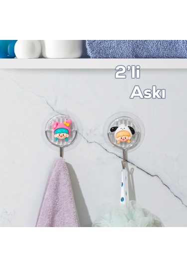 Porsima 085 2 Adet Figür Desenli Yapışkanlı Banyo Mutfak Askısı Renkli