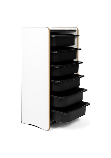 Beyaz Mdf Montessori Oyuncak Dolabı 6 Siyah Plastik Çekmeceli Siyah