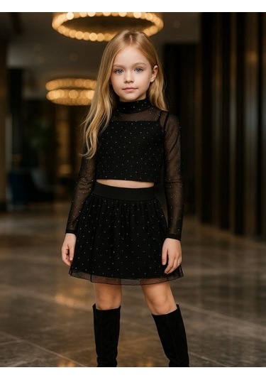Kız Çocuk Taşlı İşlemeli Tül Bluz Etekli Takım-16407 Siyah