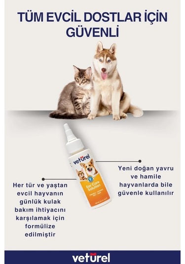 Veturel Köpek Kulak Temizleme Solüsyon Kir Enfeksiyon Kaşıntı Koku Kulak Uyuzu 100 ML + Disk Pamuk 50'li