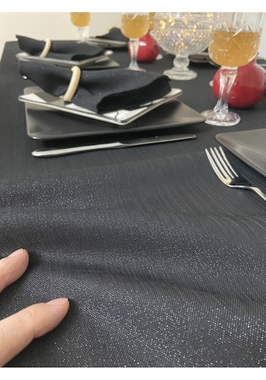 Keten Görünümlü Simli Begonvil Masa Örtüsü Siyah 25 Parça