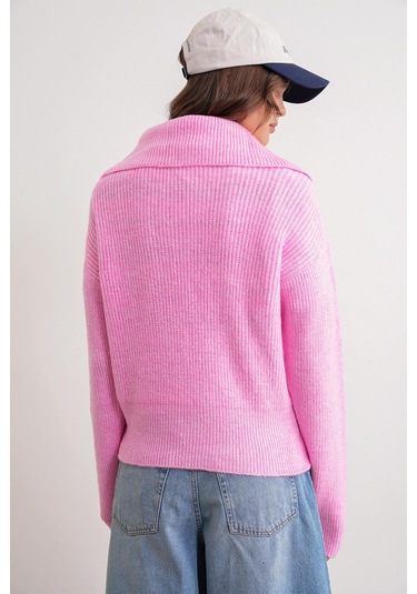 6900 Kadın Düğmeli Devrik Yaka Triko Kazak Pembe Pembe