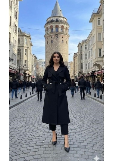Lovie Moda Kadın Şal Yaka Trençkot Siyah