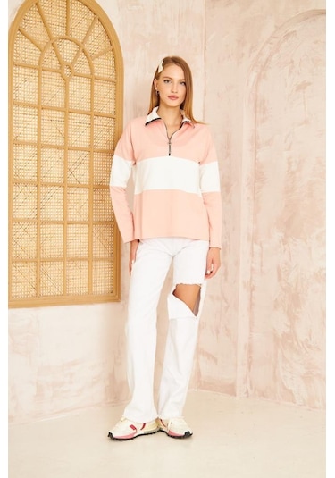 Kadın Uzun Kol Fermuarlı Polo Yaka Color Block Basic Salaş Sweatshirt Bluz 3471210 Pudra