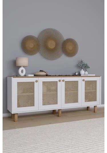 Bohem Serisi Natura Pvc Hasır Desen Mat Beyaz - Açık Ceviz Konsol Açık Ceviz & Beyaz
