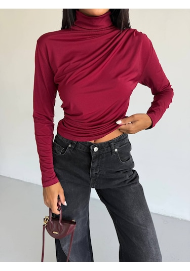 Trendhazan Boğazlı Drapeli Sandy Kumaş Bluz bordo