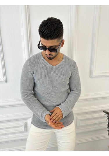 Kazak Naturel Örme Pamuk Tüylenmeyen Triko Kazak Gri