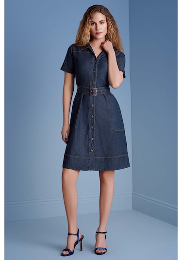 Gömlek Yaka Mavi Jean Elbise Mavi