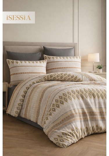 Mira Çift Kişilik Lastikli Çarşaflı Nevresim Takımı Bej - Motif