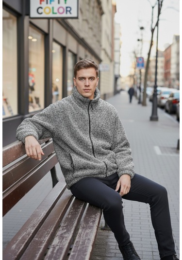 Gri Premium Kalite Dik Yaka, Fermuarlı, Polarlı, Peluş Ceket Gri