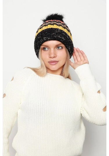 Ponpon Detay İçi Yünlü Renkli Örme Kadın Bere Rkş-23 Siyah Siyah