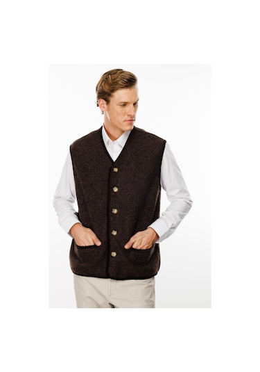 Erkek V Yaka Astarlı Saf Yün Keçe Yelek Kahve Kahve