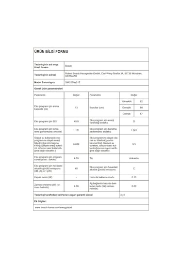 Bosch SMI25DW01T 5 Programlı 13 Kişilik Yarı Ankastre Bulaşık Makinesi