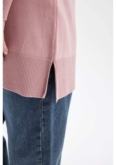 Defacto Regular Fit Bisiklet Yaka Yırtmaçlı  Basic Düz Kazak Tunik H3431AZ24AUBR451 Bordo