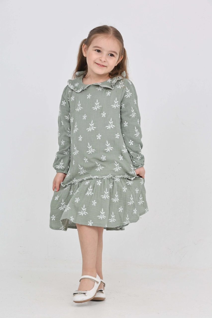 Toontoy Kız Çocuk Çiçek Nakışlı Bebe Yaka Elbise Açık Yeşil