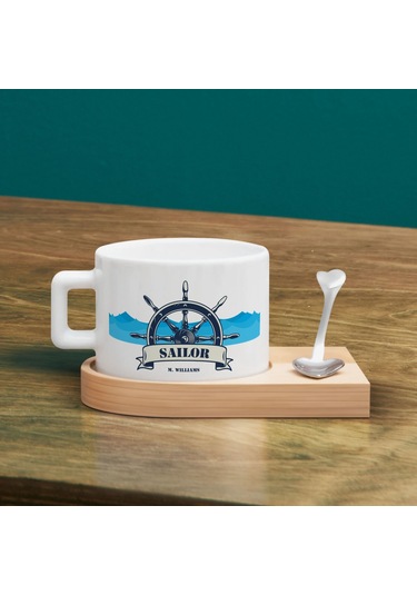 Bk Gift Kişiye Özel İsimli Denizci Tasarımlı-6, Ahşap Altlıklı Seramik Fincan, Meslek Hediyesi, Yeni İş Hediyesi Kobitmeyen137947 Bk Gift
