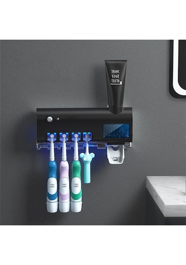 Siyah Otomatik Uv Işık Akıllı Diş Macunu Dispenseri Diş Macunu Sıkacağı Diş Fırçası Sterilizatör Tutucu Siyah