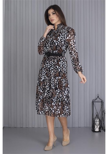 Neşeli Butik Kadın Kemerli Yeni Sezon Midi Boy Desenli Şifon Elbise Apcx04 Çok Renkli