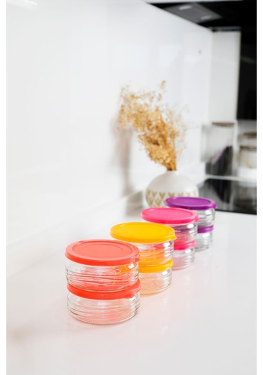 12'li Premium Kahvaltılık Seti 410 Cc Renkli Plastik Kapaklı Cam Saklama Kabı, Hava Geçirmez Çok Renkli