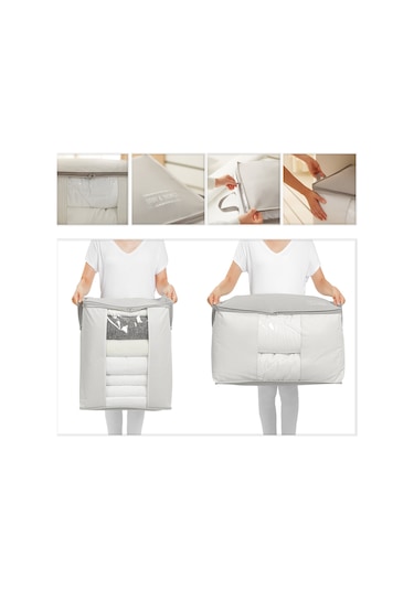 Ocean Home Textile 2'li Pvc Pencereli Stuff & Things Gri Çizgili Hurç Set