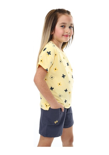 Toontoy Kız Çocuk Garni Komple Çiçek Baskılı Şortlu Takım Sarı