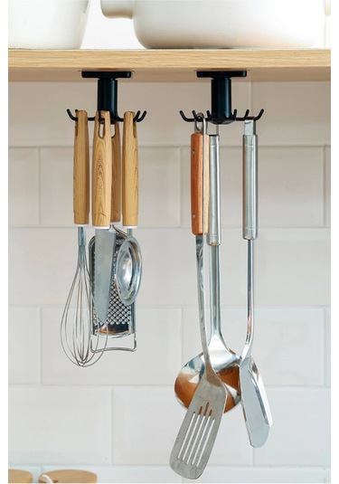 360 Dönen Altı Kancalı Çok Amaçlı Yapışkanlı Askı Mutfak Banyo Takı Askısı - 4 Adet Beyaz