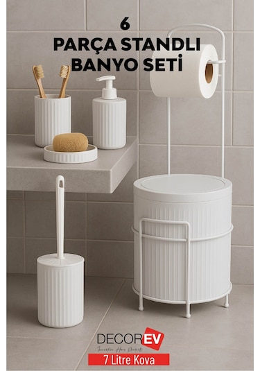 Decorev 6 Parça Metal Standlı Banyo Seti 7 Litre Çöp Kovası, Tuvalet Kağıtlığı, Sabunluk, Fırçalık Ve Sıvı Sabunluk Dc Beyaz
