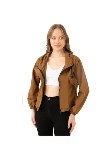 Spor Kadın Pudra Su Geçirmez Ve Rüzgara Dayanıklı Kapüşonlu Çıt Çıtlı Mevsimlik Yağmurluk Taba