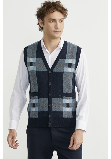 Düğmeli Yünlü Kalın Triko Yelek - Lacivert Lacivert