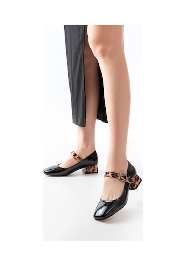 St-006 Siyah Leopar Rugan Günlük 4 Cm Topuklu Bayan Ayakkabı Renksiz