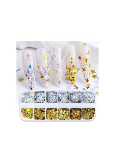 Holografik Gold Gümüş Ay Ve Yıldızlar Tırnak Süsleme Folyo Pulları Mix Nail Art