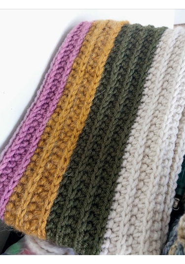 Kemzey Handmade El Örgüsü Atkı , Uzun Unisex Atkı Yeşil - Hardal - Fuşya