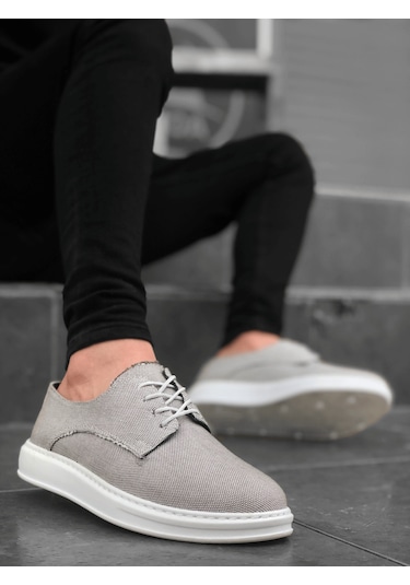 ER0003 Bağcıklı Klasik Spor Gri Renk Keten Yüksek Taban Casual Erkek Ayakkabı