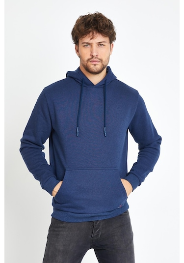 Erkek Kapüşonlu Kanguru Cep 3 İplik Sweatshirt İndigo