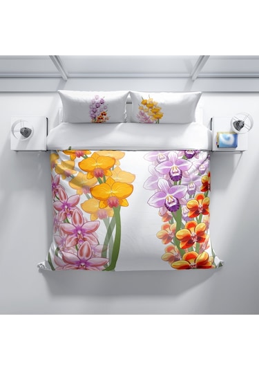 Cattleya Orchid 3D Pamuk Saten Çift Kişilik Nevresim Takımı Çok Renkli