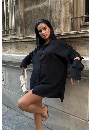 Alina Kol Cut Out Keten Gömlek 3252-08 Si Yah