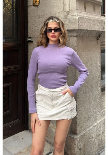 Saks Yarım Balıkçı Şardonlu Fitilli Bluz Lila