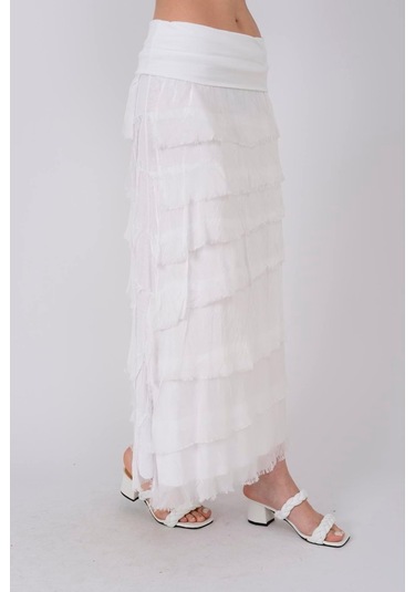 İtalyan 2 Beden Ince Gösteren Kat Kat Ipek Etek & Straplez Elbise Beyaz