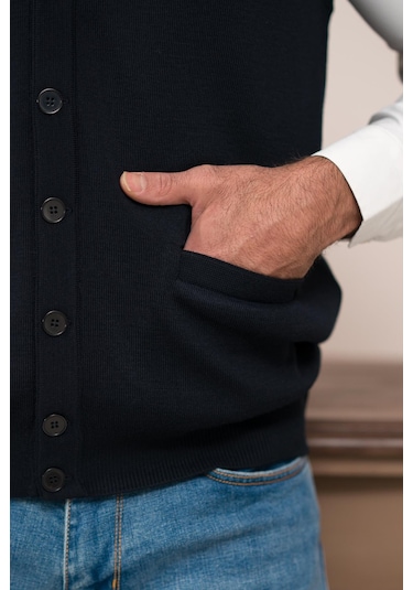 Woolen World Regular Fit Ön Cepli Kolsuz Erkek Triko Yelek Lacivert